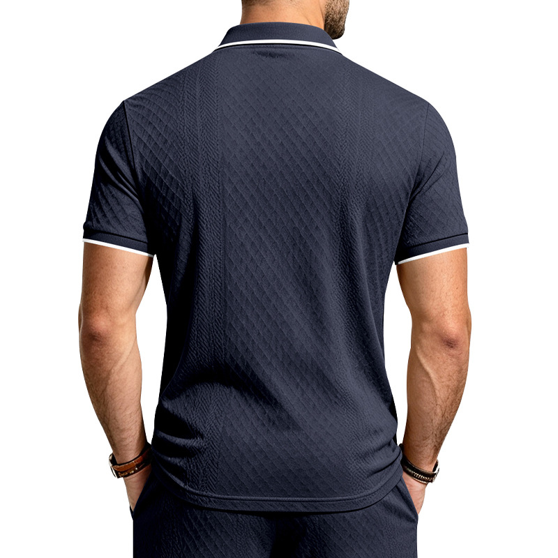 Men's Jacquard Textured Polo Shirt Short Sleeve Loose Fit Color Block Summer Casual