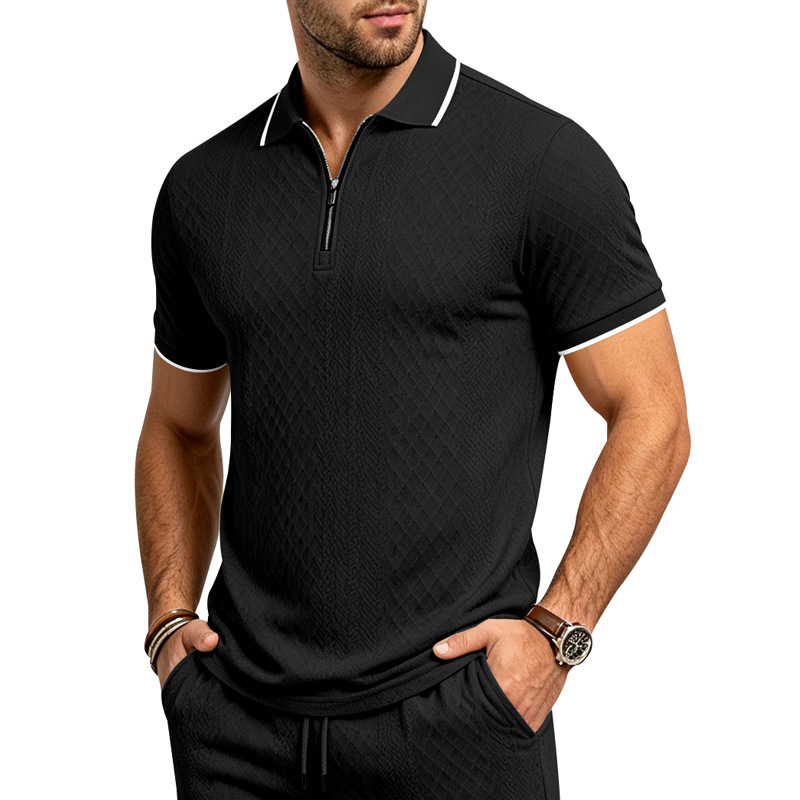 Men's Jacquard Textured Polo Shirt Short Sleeve Loose Fit Color Block Summer Casual