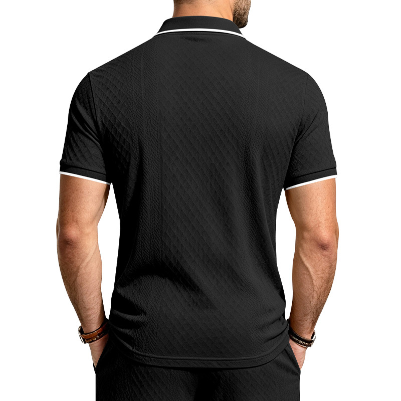 Men's Jacquard Textured Polo Shirt Short Sleeve Loose Fit Color Block Summer Casual