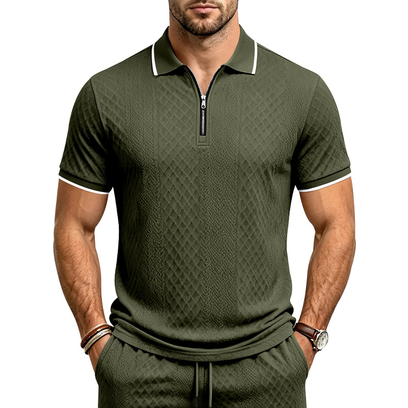 Men's Jacquard Textured Polo Shirt Short Sleeve Loose Fit Color Block Summer Casual