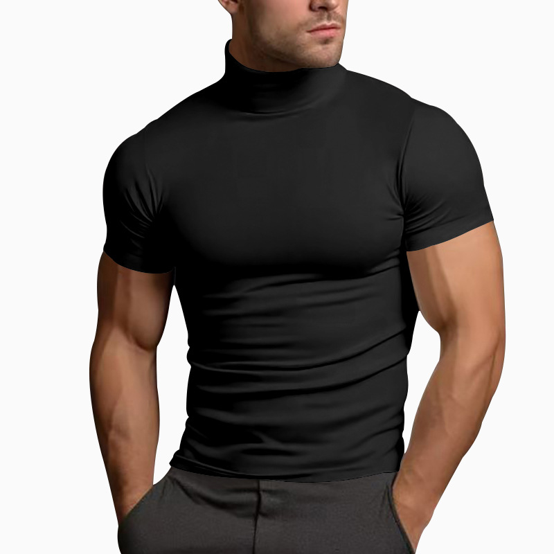 Men's Slim Fit Mock Neck Short Sleeve T-Shirt, Solid Color Polyester Summer Top