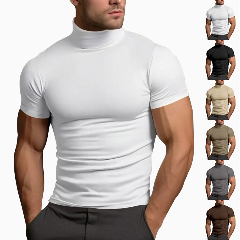 Men's Slim Fit Mock Neck Short Sleeve T-Shirt, Solid Color Polyester Summer Top