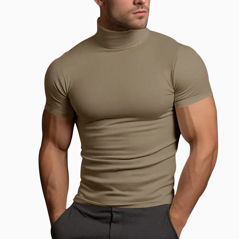 Men's Slim Fit Mock Neck Short Sleeve T-Shirt, Solid Color Polyester Summer Top