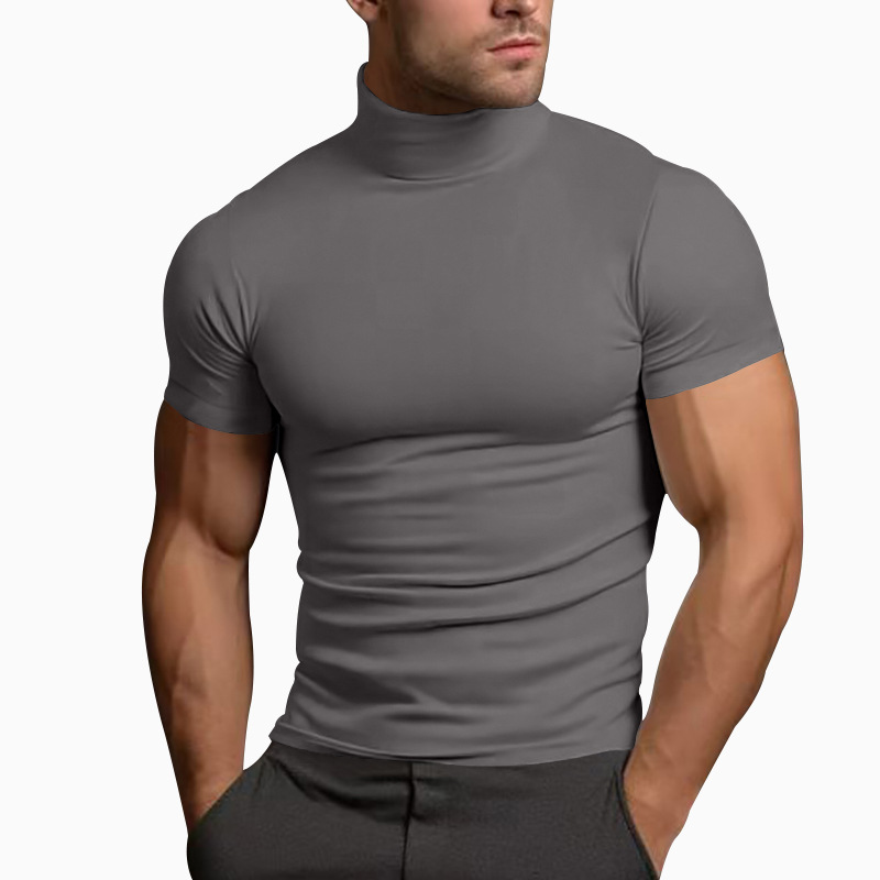 Men's Slim Fit Mock Neck Short Sleeve T-Shirt, Solid Color Polyester Summer Top