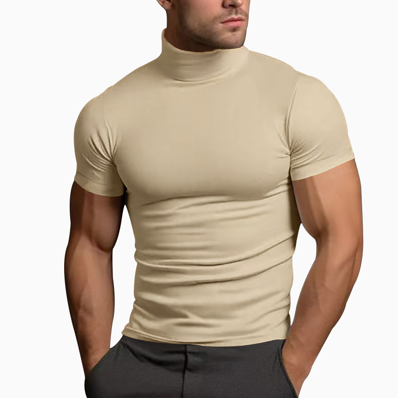 Men's Slim Fit Mock Neck Short Sleeve T-Shirt, Solid Color Polyester Summer Top