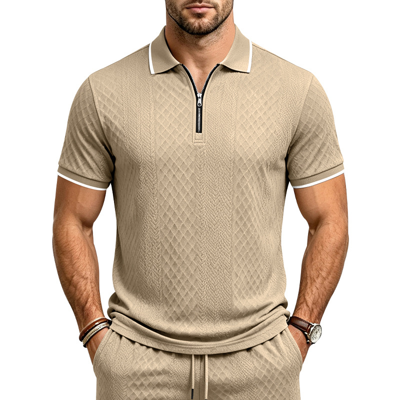 Men's Jacquard Textured Polo Shirt Short Sleeve Loose Fit Color Block Summer Casual