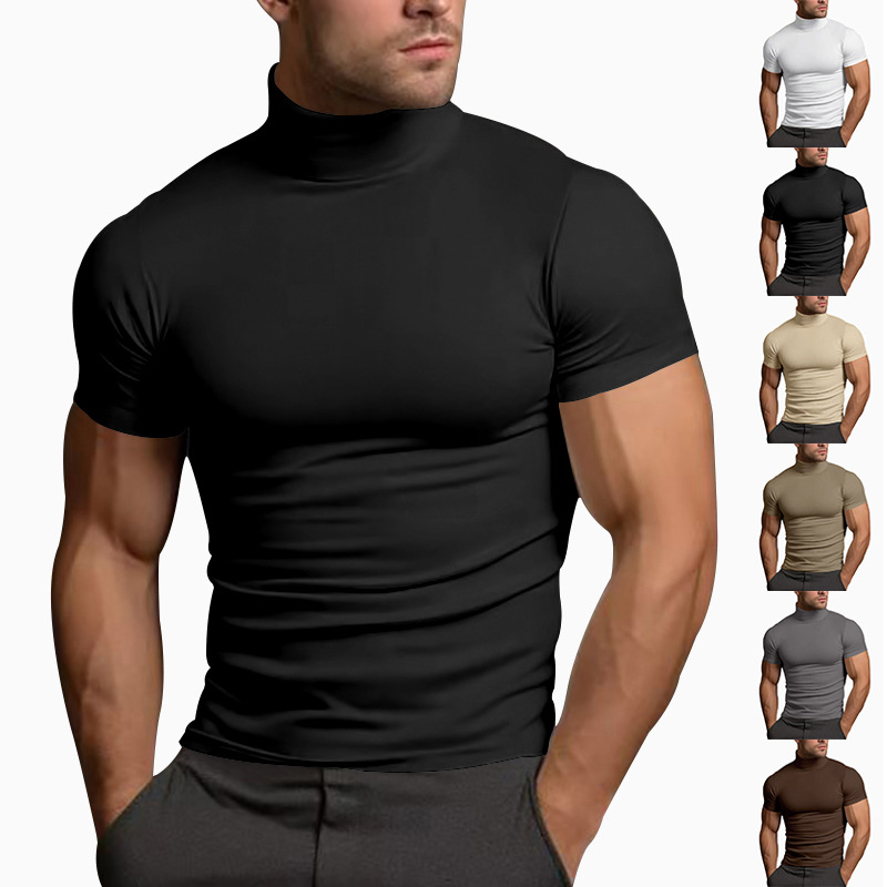 Men's Slim Fit Mock Neck Short Sleeve T-Shirt, Solid Color Polyester Summer Top