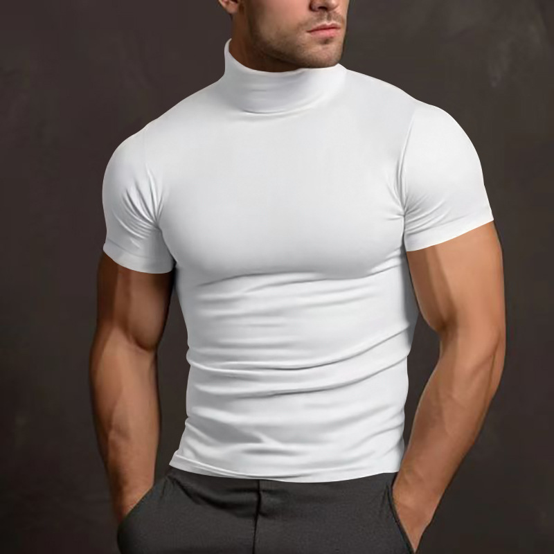 Men's Slim Fit Mock Neck Short Sleeve T-Shirt, Solid Color Polyester Summer Top