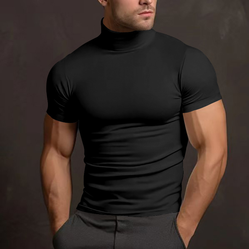 Men's Slim Fit Mock Neck Short Sleeve T-Shirt, Solid Color Polyester Summer Top