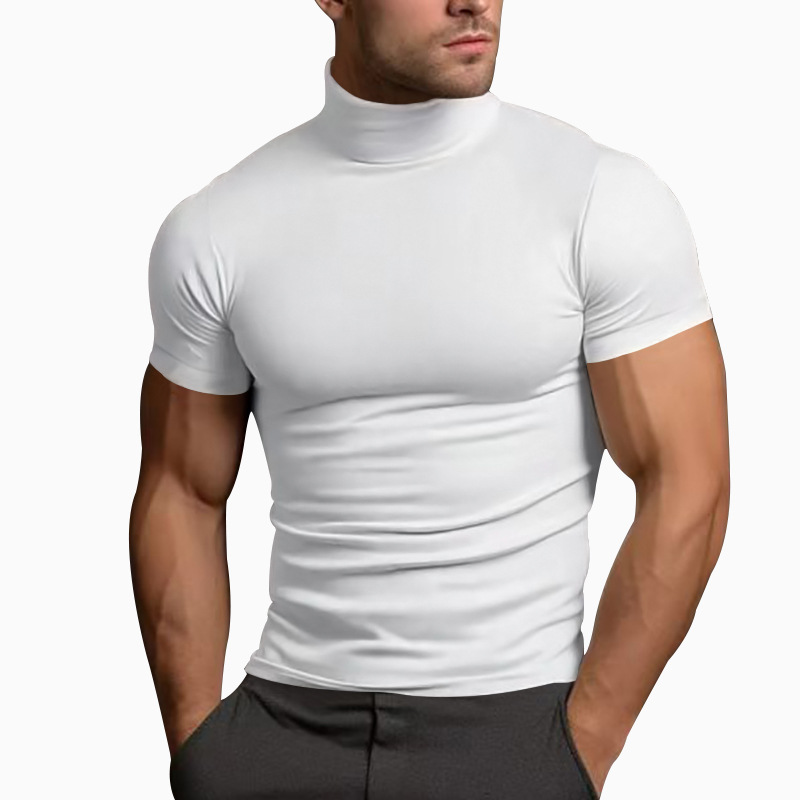 Men's Slim Fit Mock Neck Short Sleeve T-Shirt, Solid Color Polyester Summer Top