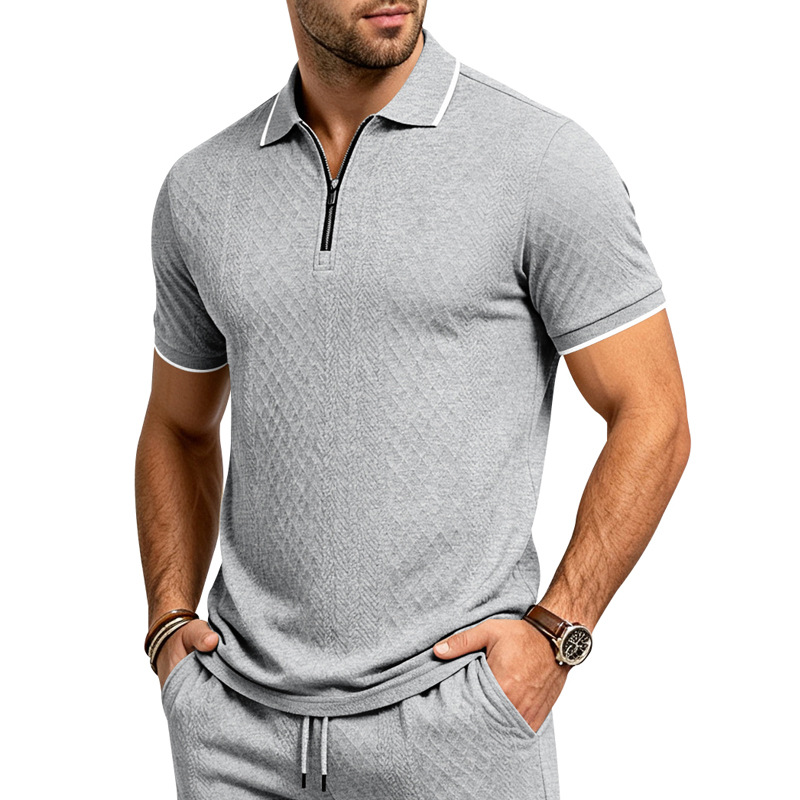 Men's Jacquard Textured Polo Shirt Short Sleeve Loose Fit Color Block Summer Casual