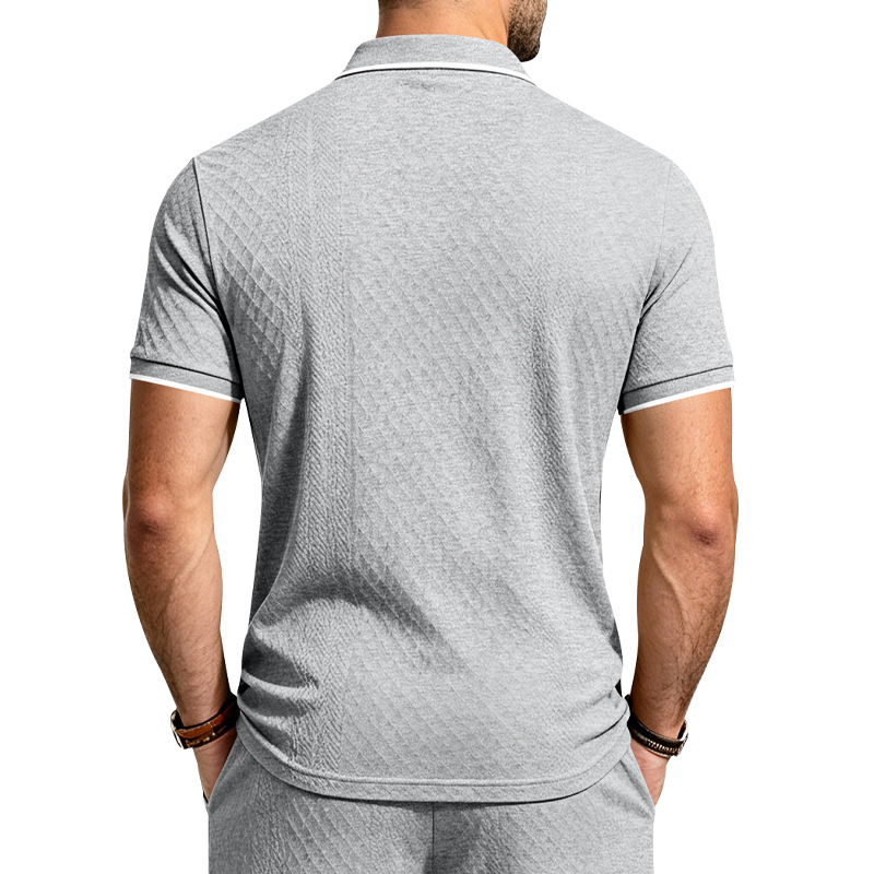 Men's Jacquard Textured Polo Shirt Short Sleeve Loose Fit Color Block Summer Casual