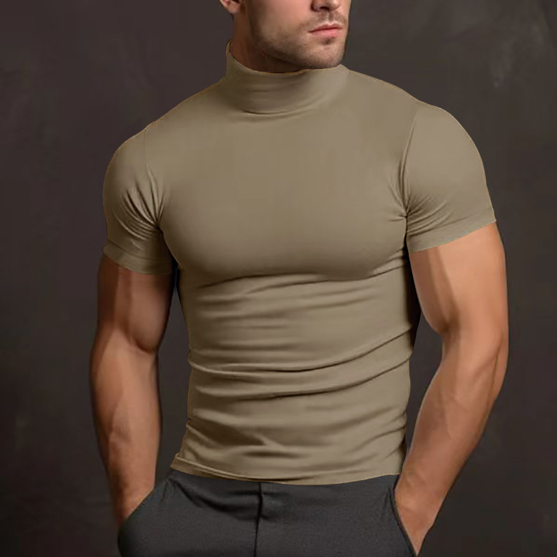 Men's Slim Fit Mock Neck Short Sleeve T-Shirt, Solid Color Polyester Summer Top