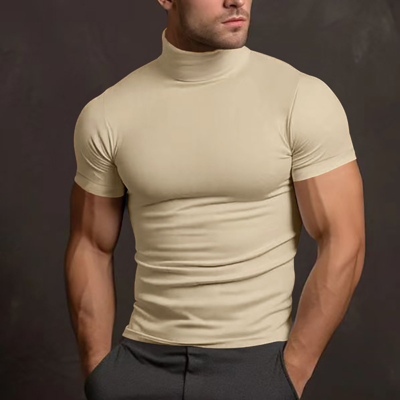 Men's Slim Fit Mock Neck Short Sleeve T-Shirt, Solid Color Polyester Summer Top