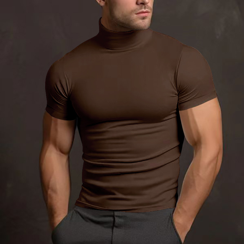 Men's Slim Fit Mock Neck Short Sleeve T-Shirt, Solid Color Polyester Summer Top