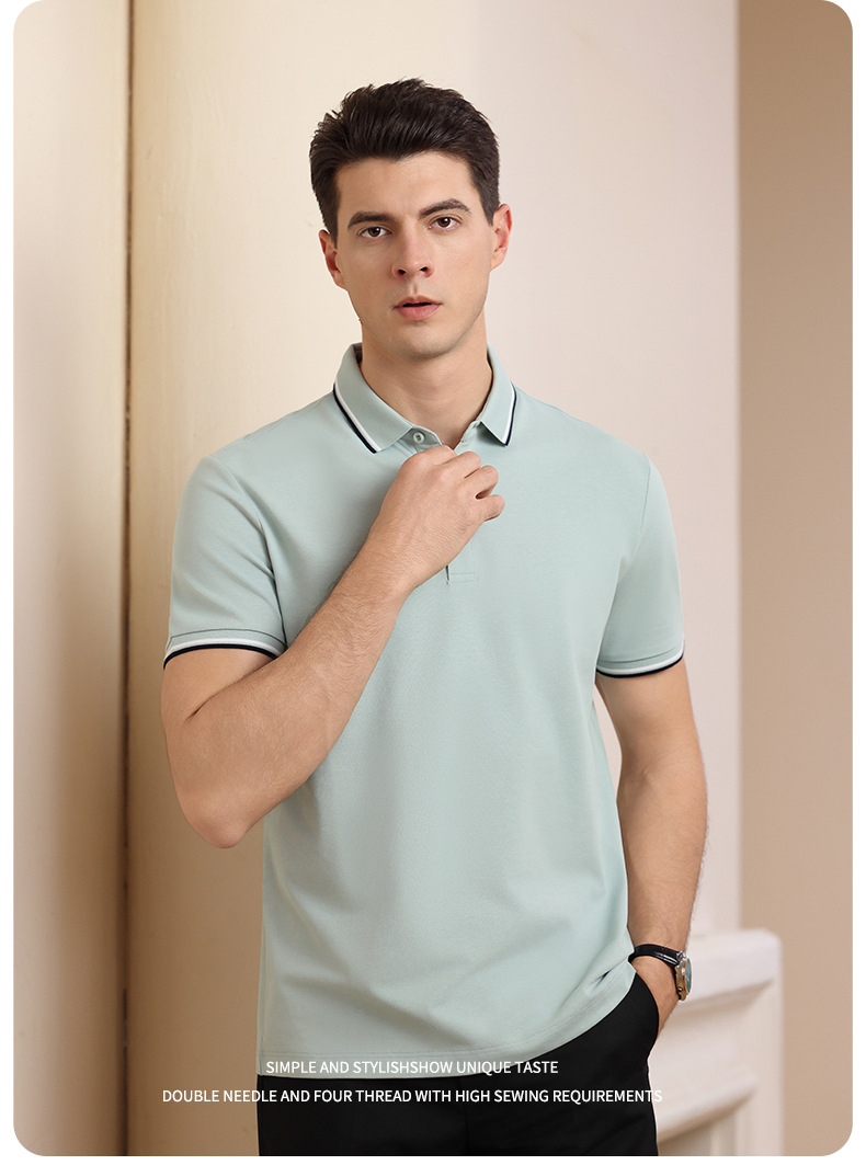 Men's Striped Short Sleeve Polo Shirt, Business Casual Summer Cotton Golf Shirt for Daily Commute