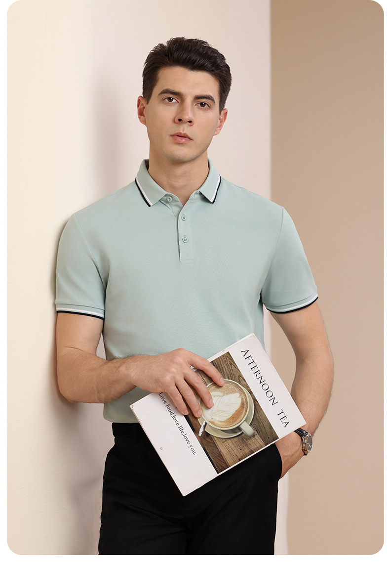 Men's Striped Short Sleeve Polo Shirt, Business Casual Summer Cotton Golf Shirt for Daily Commute