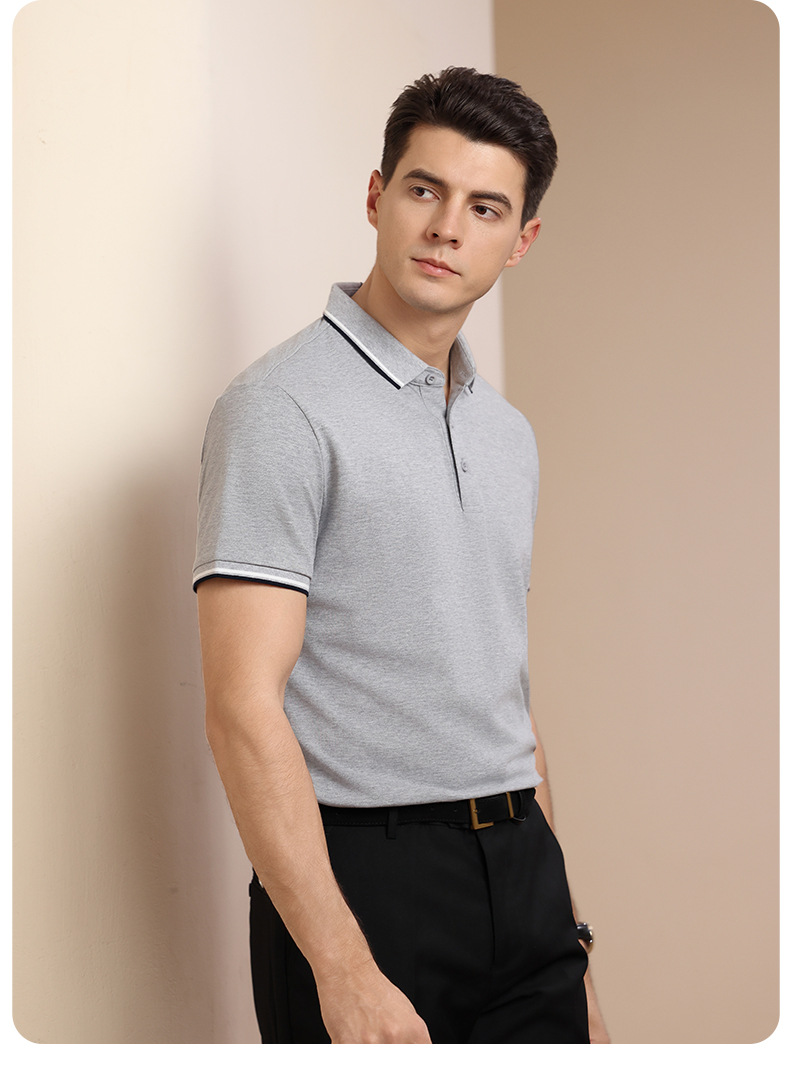Men's Striped Short Sleeve Polo Shirt, Business Casual Summer Cotton Golf Shirt for Daily Commute