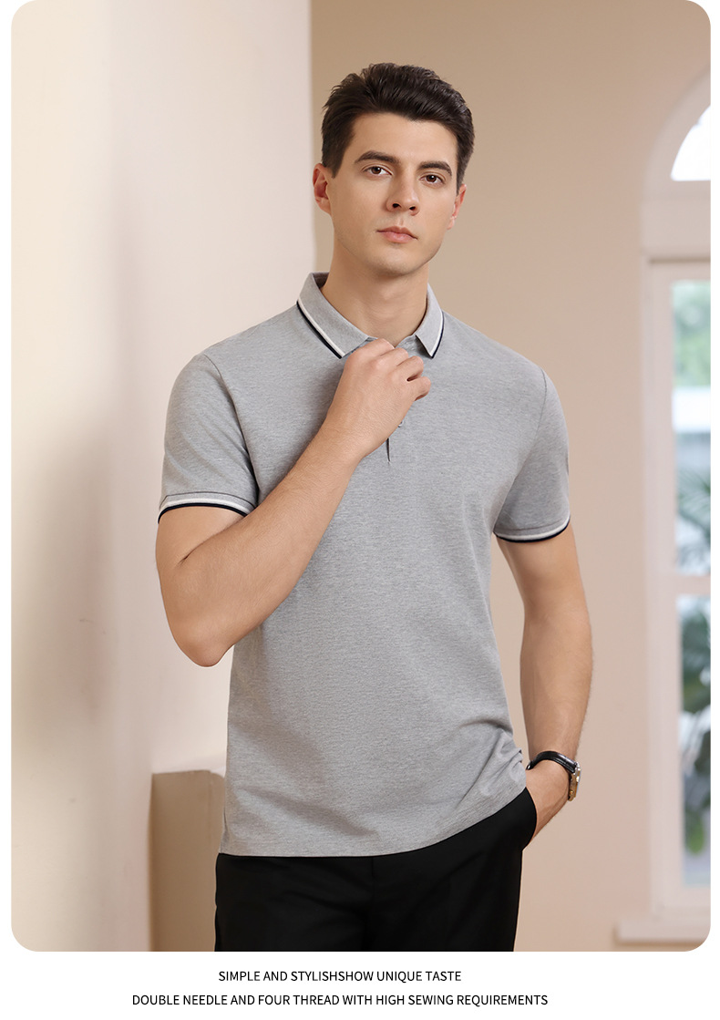 Men's Striped Short Sleeve Polo Shirt, Business Casual Summer Cotton Golf Shirt for Daily Commute