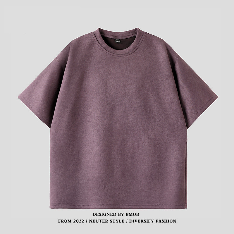 Men's Heavyweight Suede Short Sleeve T-Shirt, Loose Fit Solid Crew Neck Summer Tee