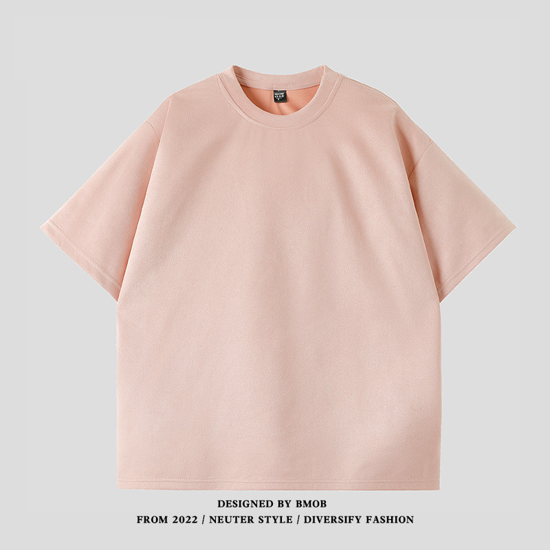 Men's Heavyweight Suede Short Sleeve T-Shirt, Loose Fit Solid Crew Neck Summer Tee
