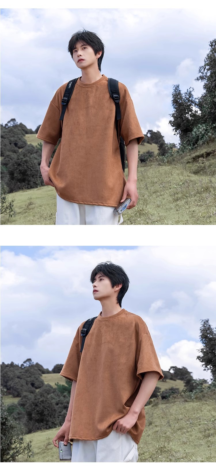 Men's Heavyweight Suede Short Sleeve T-Shirt, Loose Fit Solid Crew Neck Summer Tee