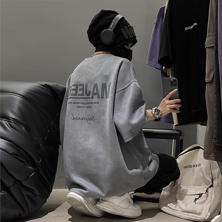 Men's Suede Short Sleeve T-Shirt, Loose Fit Solid Crew Neck Summer Tee