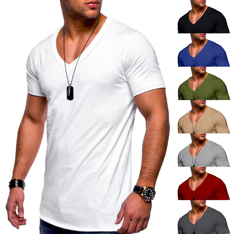 Men's V-Neck Short Sleeve T-Shirt Solid Color Polyester Casual Summer Top