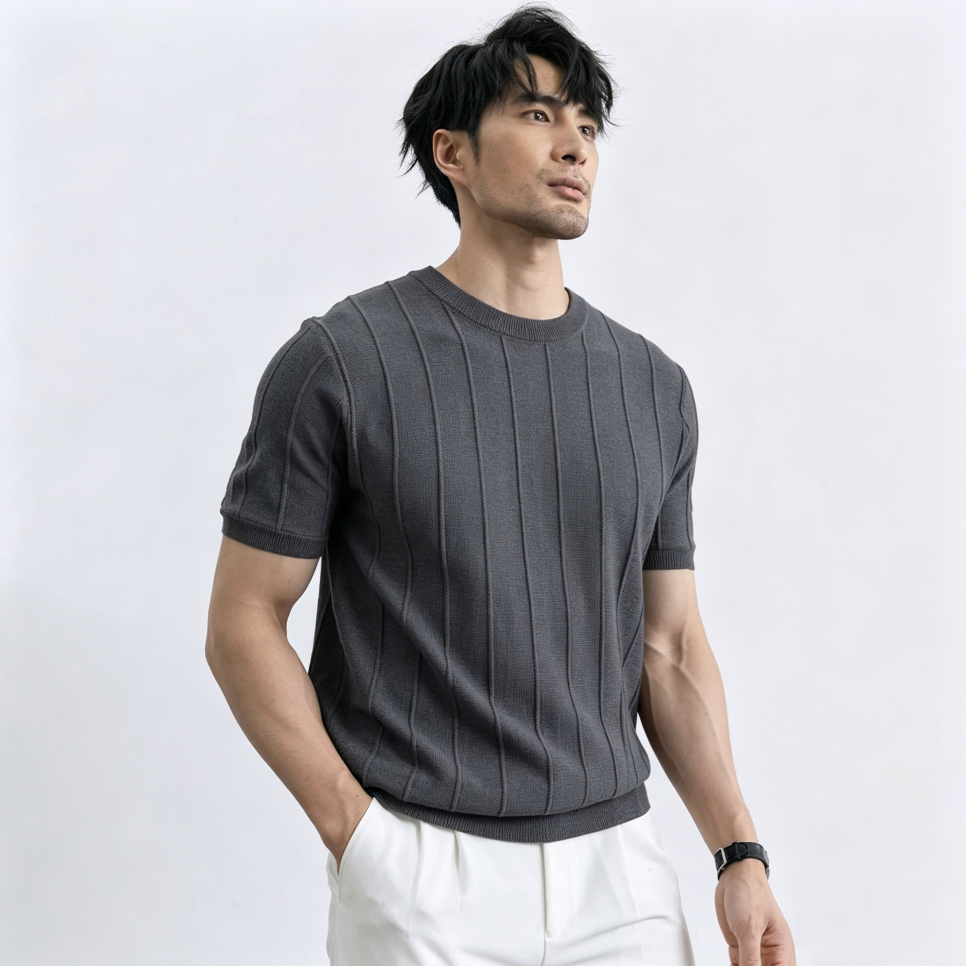 Men's Slim Fit Short Sleeve Knit T-Shirt, Ice Silk Crew Neck Summer Casual Top for Business Suit Layering