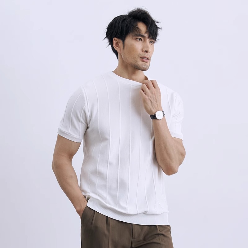 Men's Slim Fit Short Sleeve Knit T-Shirt, Ice Silk Crew Neck Summer Casual Top for Business Suit Layering