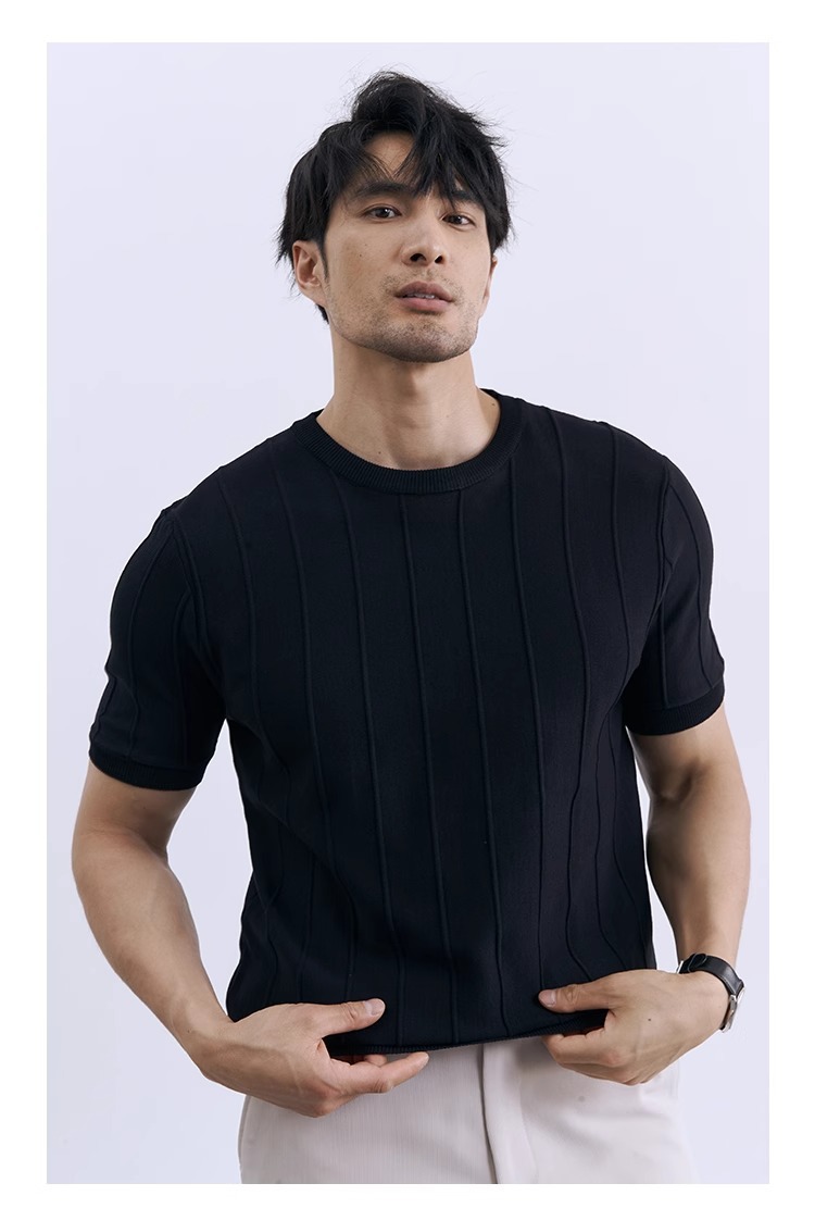 Men's Slim Fit Short Sleeve Knit T-Shirt, Ice Silk Crew Neck Summer Casual Top for Business Suit Layering