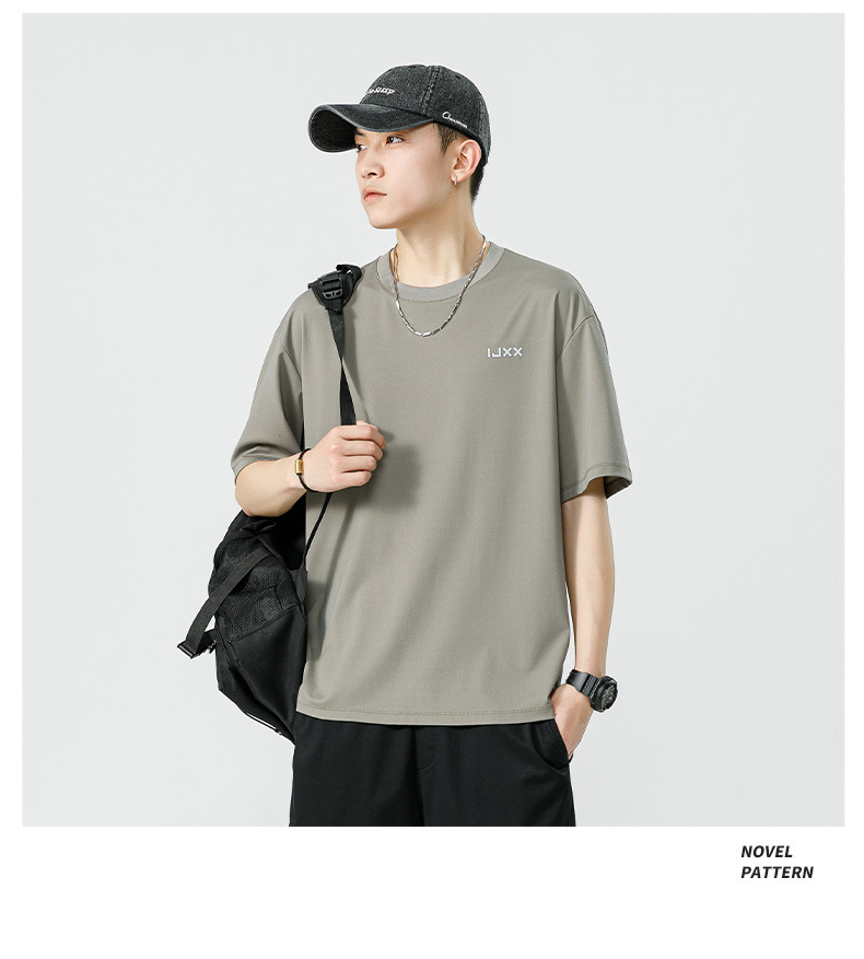 Men's Ice Silk Short Sleeve T-Shirt, Summer Loose Fit Crew Neck Letter Print Tee
