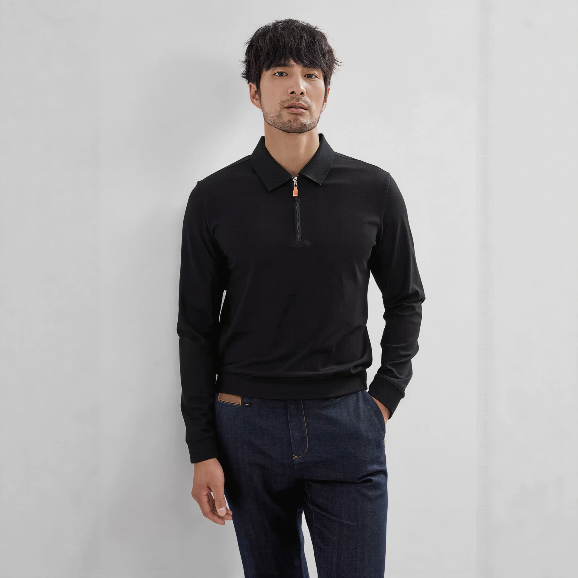 Men's Half-Zip Polo Shirt Long Sleeve Cotton Blend Knit Top for Fall and Winter Casual Wear