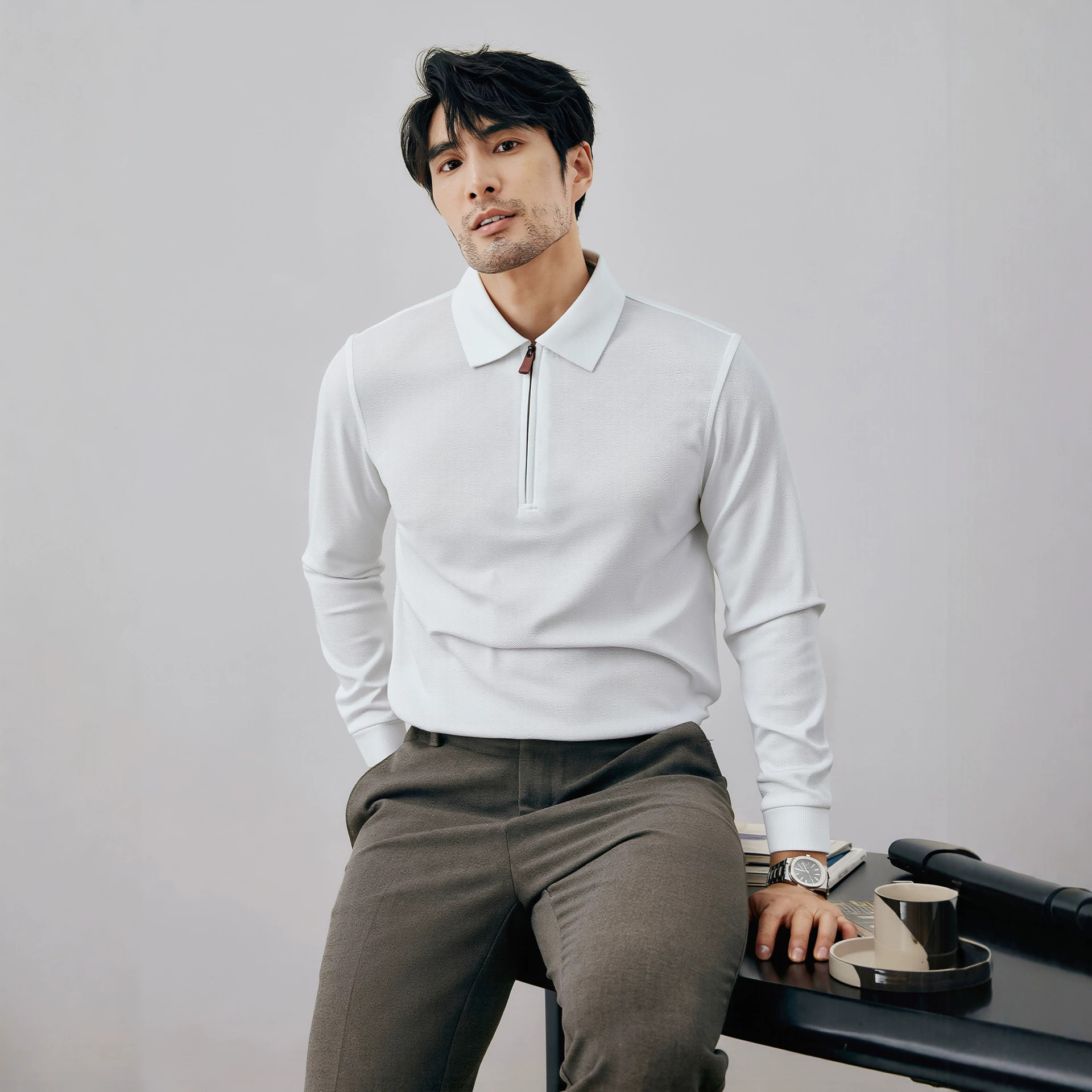 Men's Half-Zip Polo Shirt Long Sleeve Cotton Blend Knit Top for Fall and Winter Casual Wear