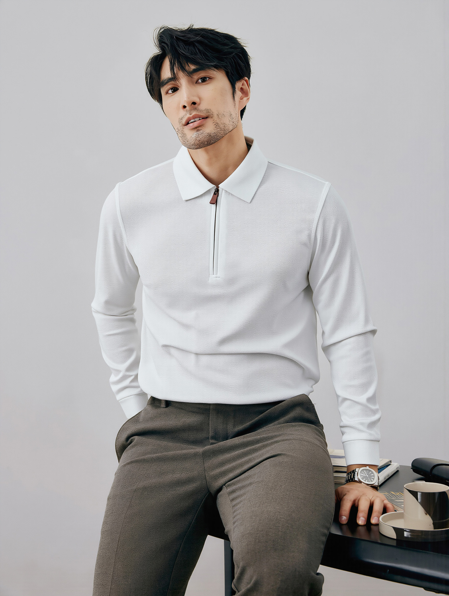 Men's Half-Zip Polo Shirt Long Sleeve Cotton Blend Knit Top for Fall and Winter Casual Wear