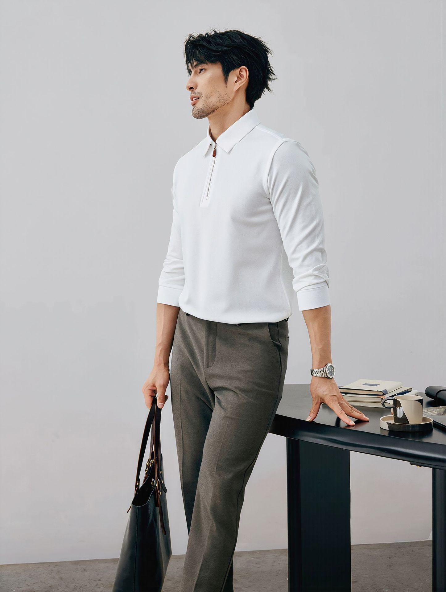 Men's Half-Zip Polo Shirt Long Sleeve Cotton Blend Knit Top for Fall and Winter Casual Wear
