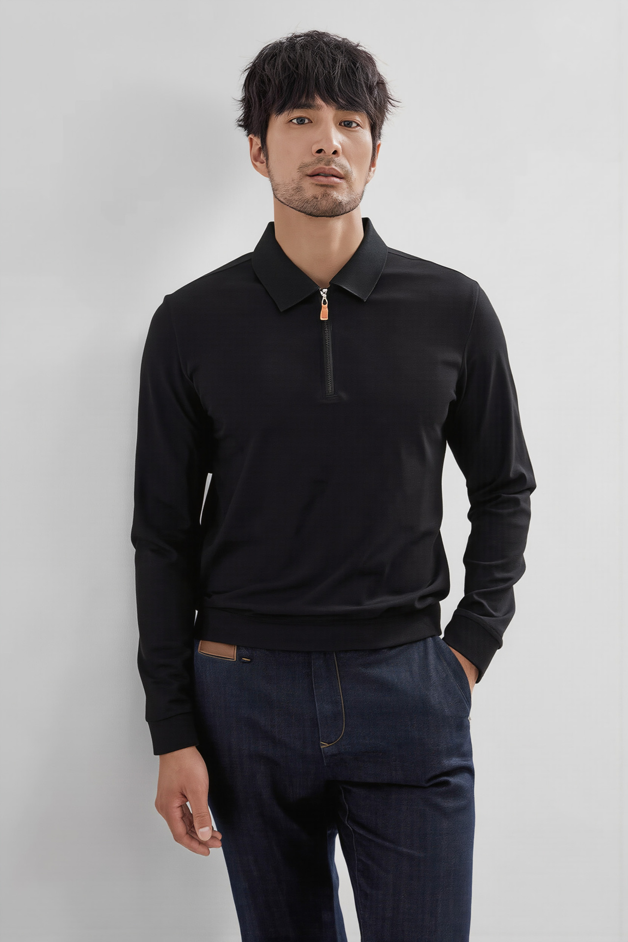 Men's Half-Zip Polo Shirt Long Sleeve Cotton Blend Knit Top for Fall and Winter Casual Wear