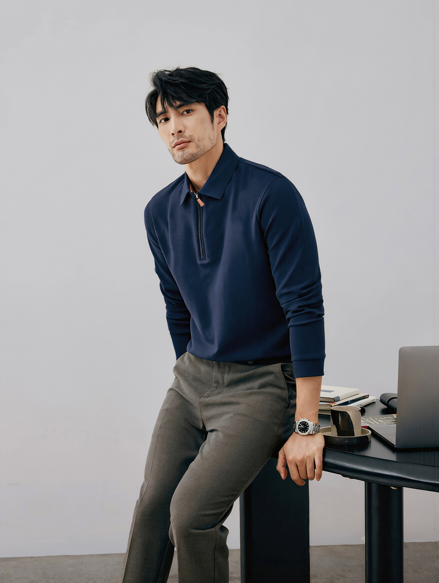 Men's Half-Zip Polo Shirt Long Sleeve Cotton Blend Knit Top for Fall and Winter Casual Wear