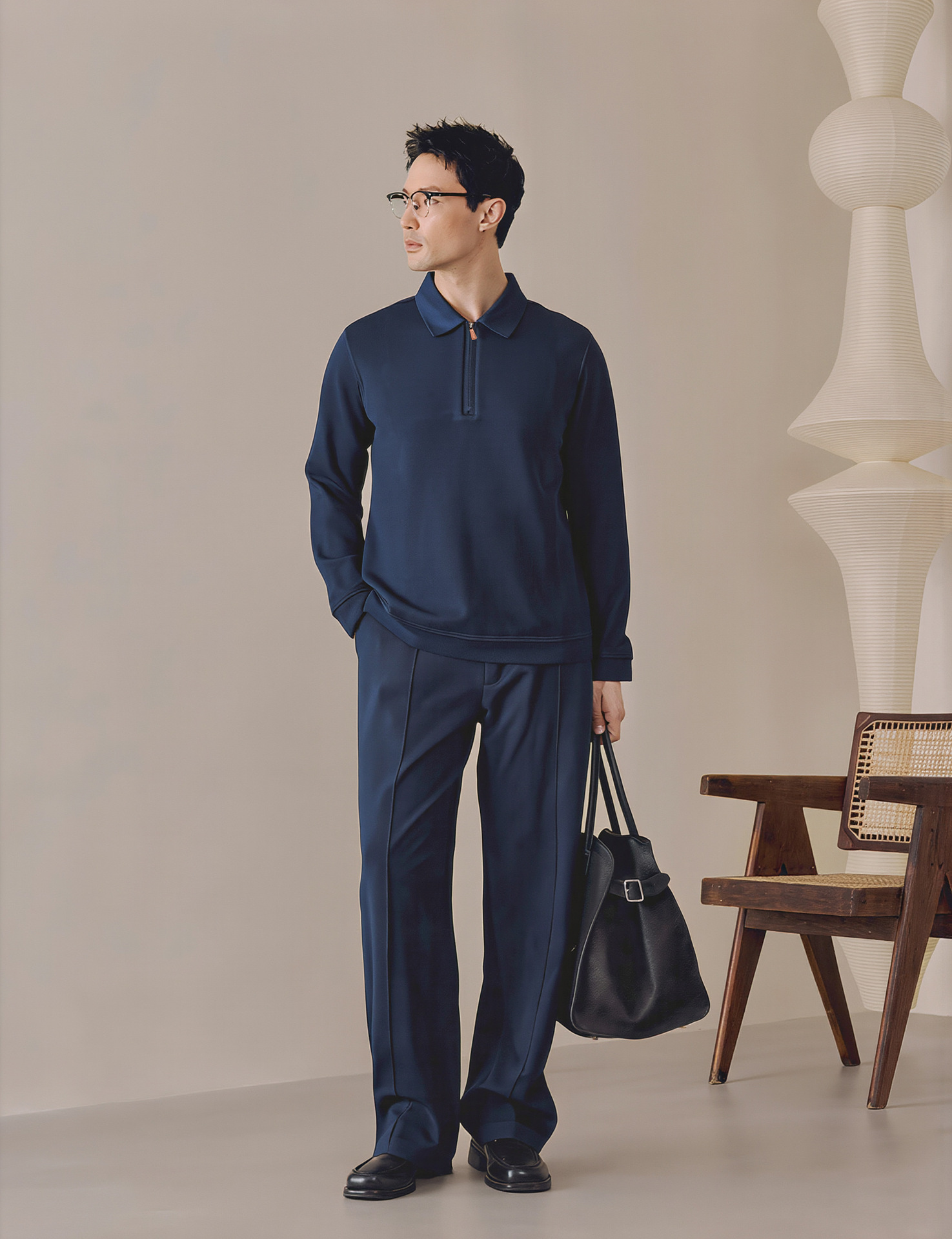 Men's Half-Zip Polo Shirt Long Sleeve Cotton Blend Knit Top for Fall and Winter Casual Wear