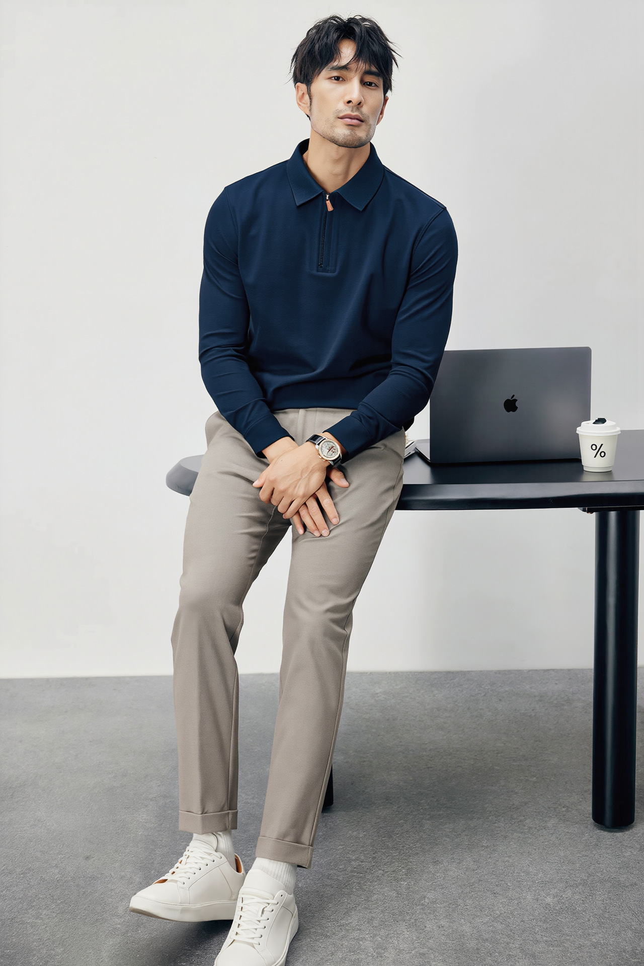 Men's Half-Zip Polo Shirt Long Sleeve Cotton Blend Knit Top for Fall and Winter Casual Wear