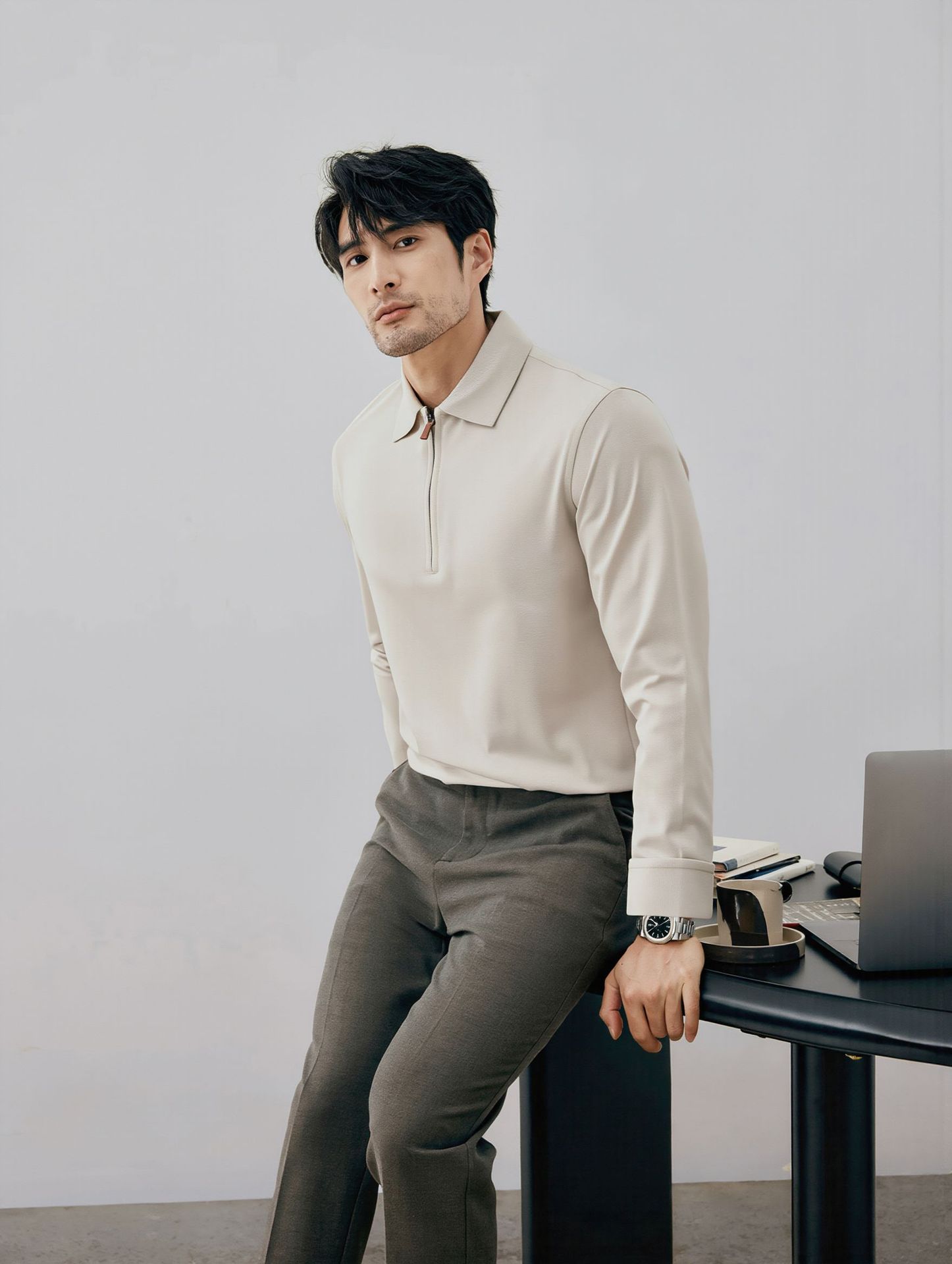 Men's Half-Zip Polo Shirt Long Sleeve Cotton Blend Knit Top for Fall and Winter Casual Wear