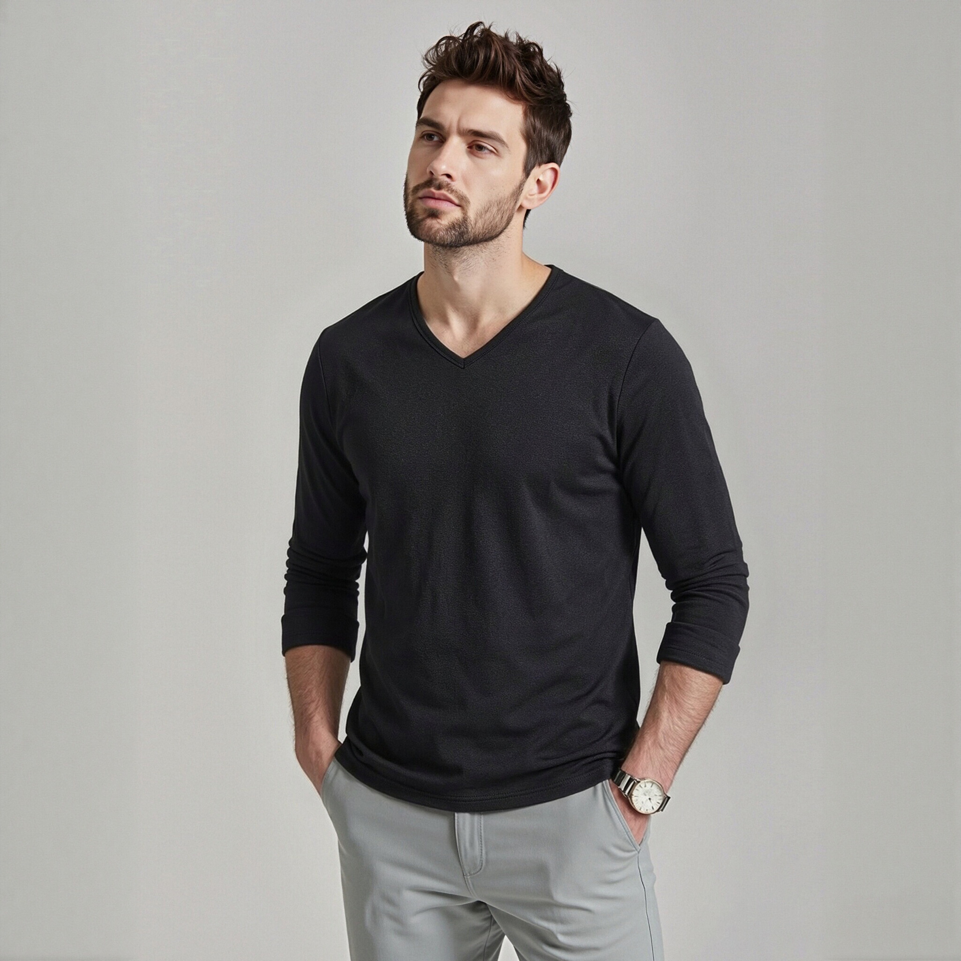 Men's V-Neck Long Sleeve Slim Fit T-Shirt, Solid Black Polyester Base Layer for Fall Winter Sports