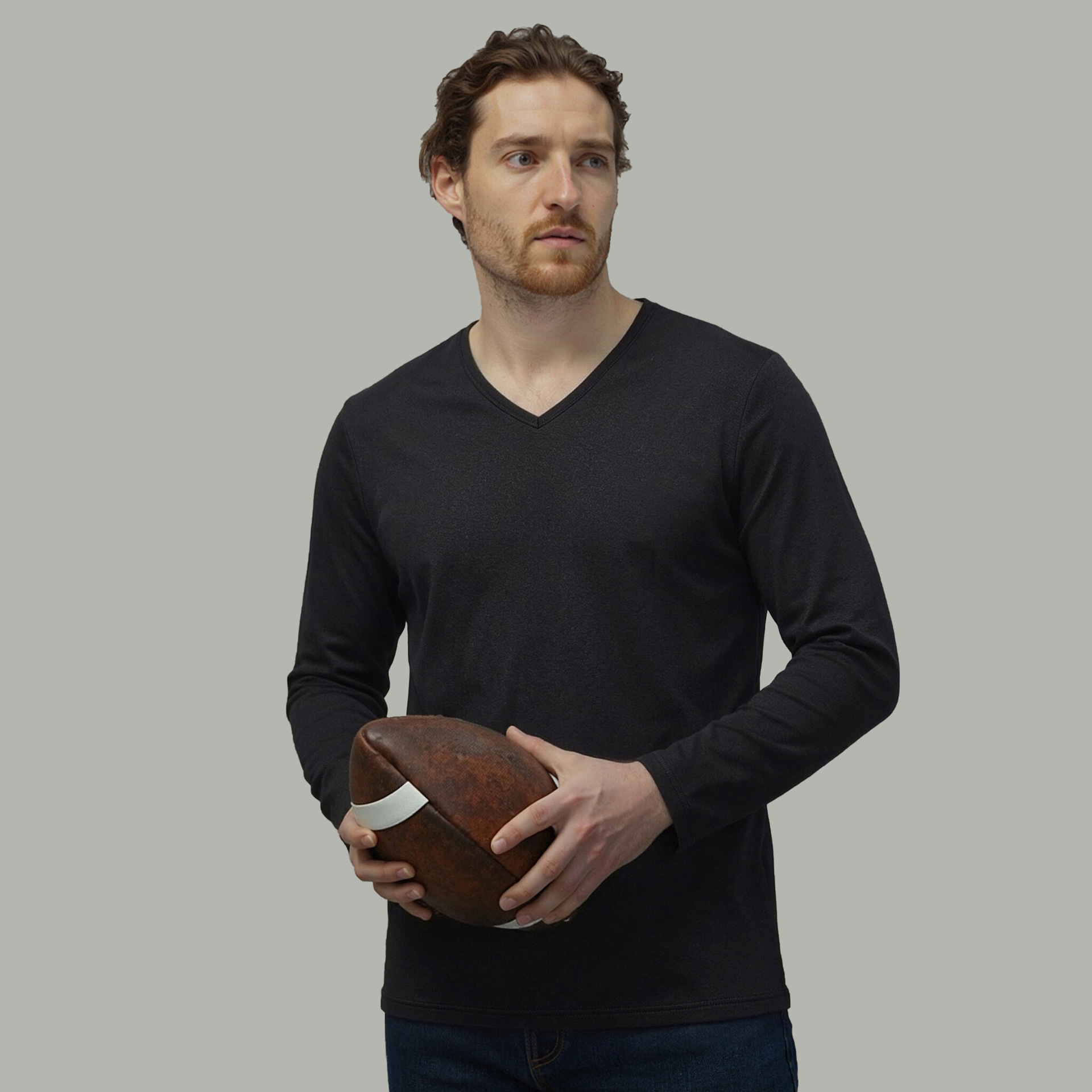 Men's V-Neck Long Sleeve Slim Fit T-Shirt, Solid Black Polyester Base Layer for Fall Winter Sports