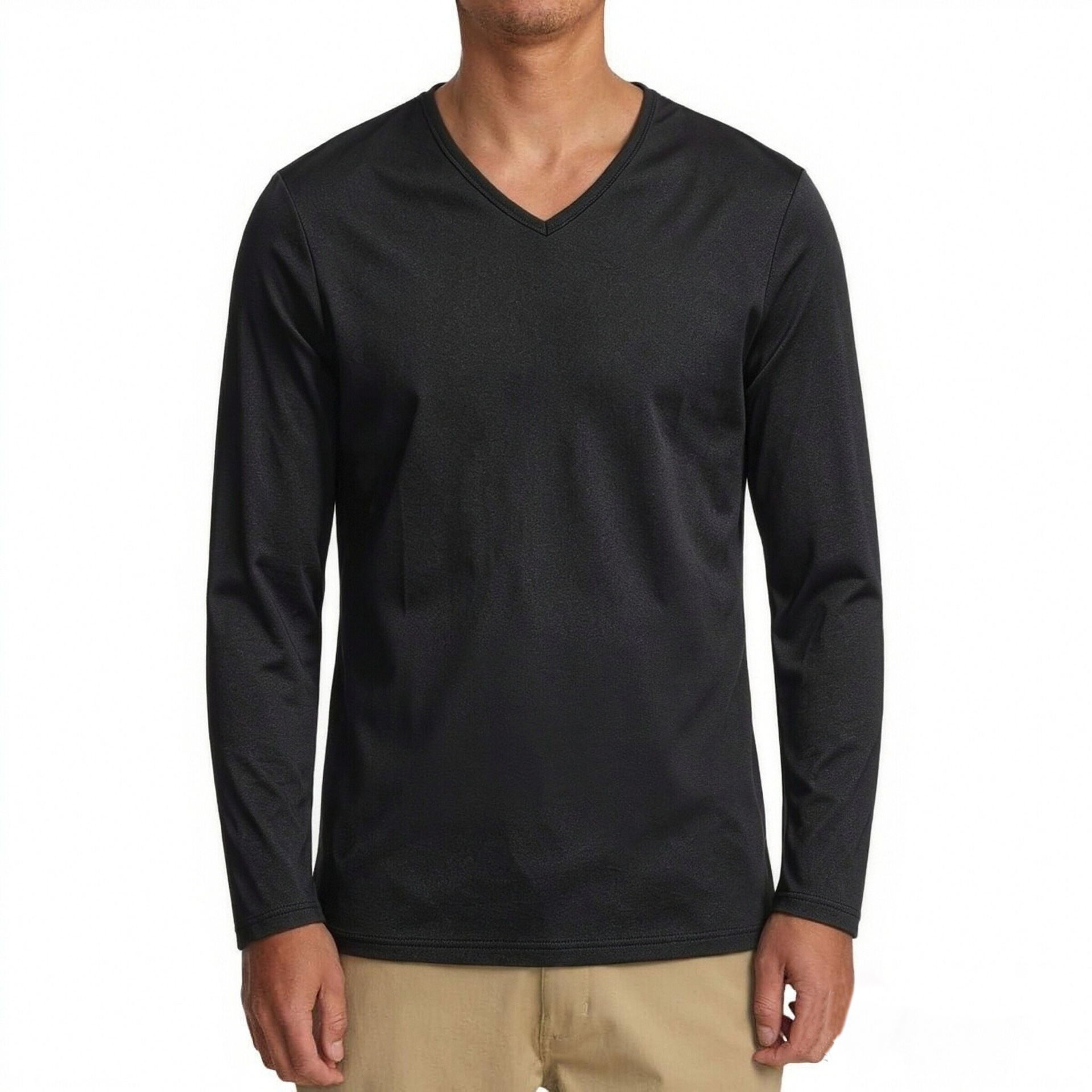 Men's V-Neck Long Sleeve Slim Fit T-Shirt, Solid Black Polyester Base Layer for Fall Winter Sports