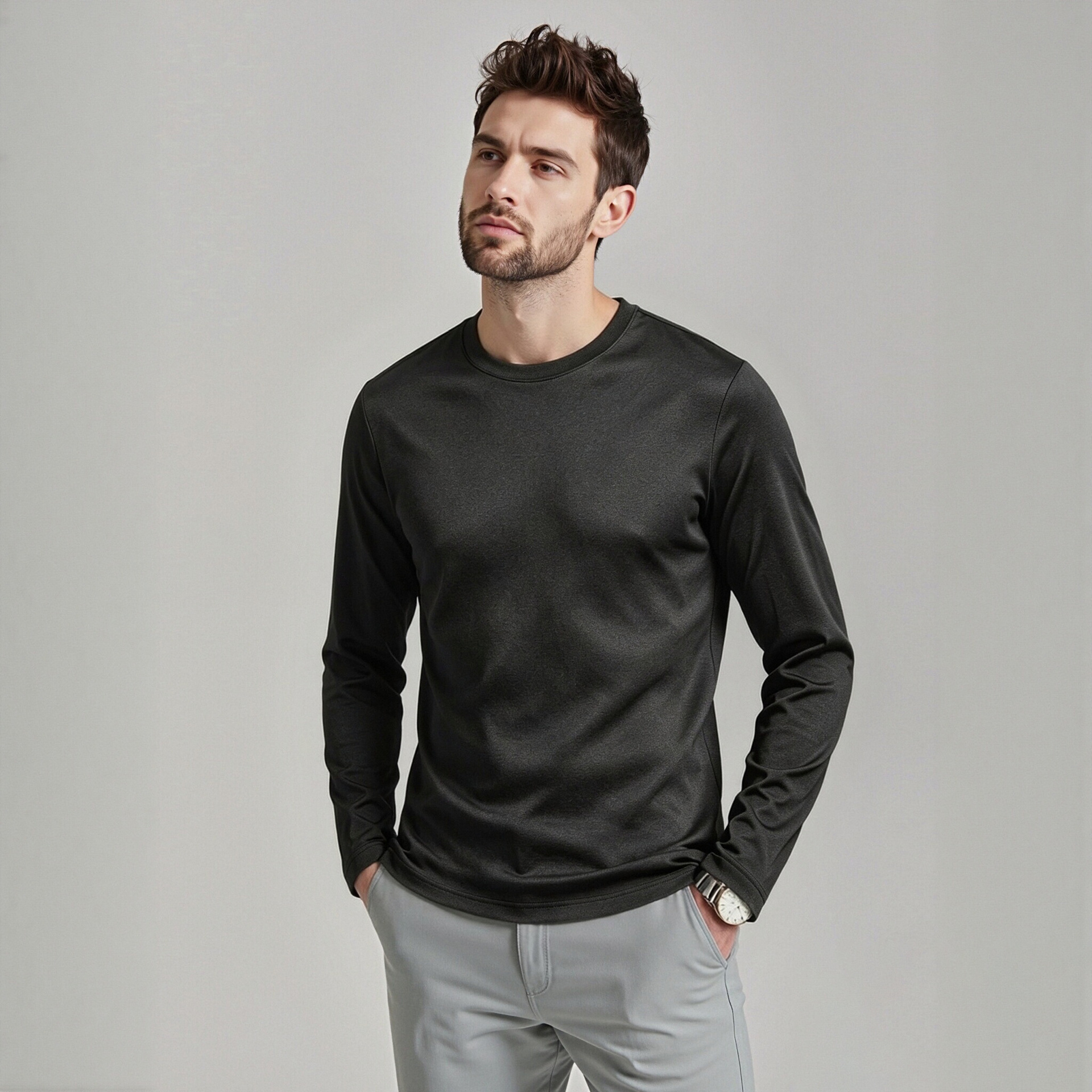 Men's Black Long Sleeve Crewneck T-Shirt, Slim Fit Solid Color Polyester Base Layer for Fall and Winter