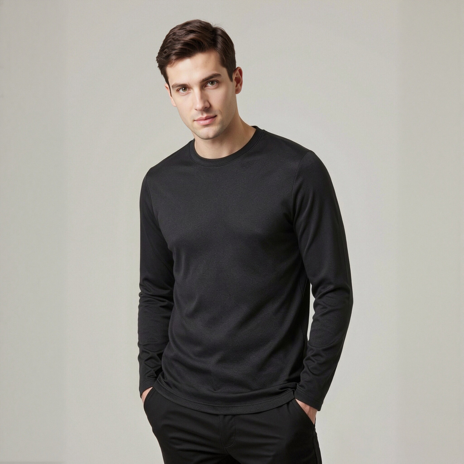Men's Black Long Sleeve Crewneck T-Shirt, Slim Fit Solid Color Polyester Base Layer for Fall and Winter