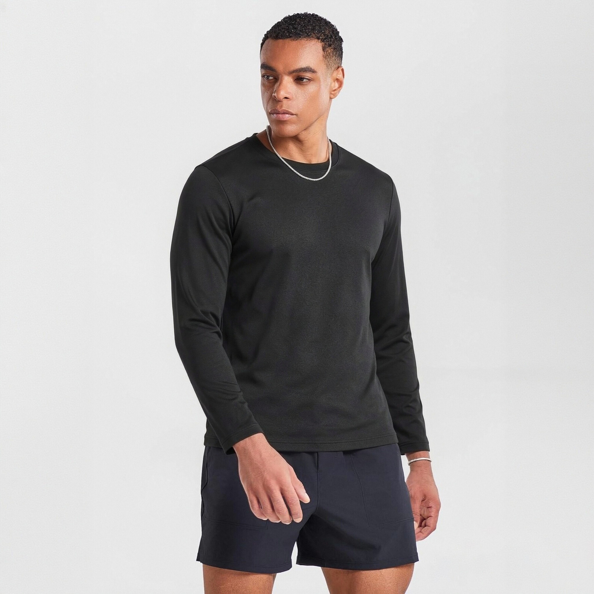 Men's Black Long Sleeve Crewneck T-Shirt, Slim Fit Solid Color Polyester Base Layer for Fall and Winter
