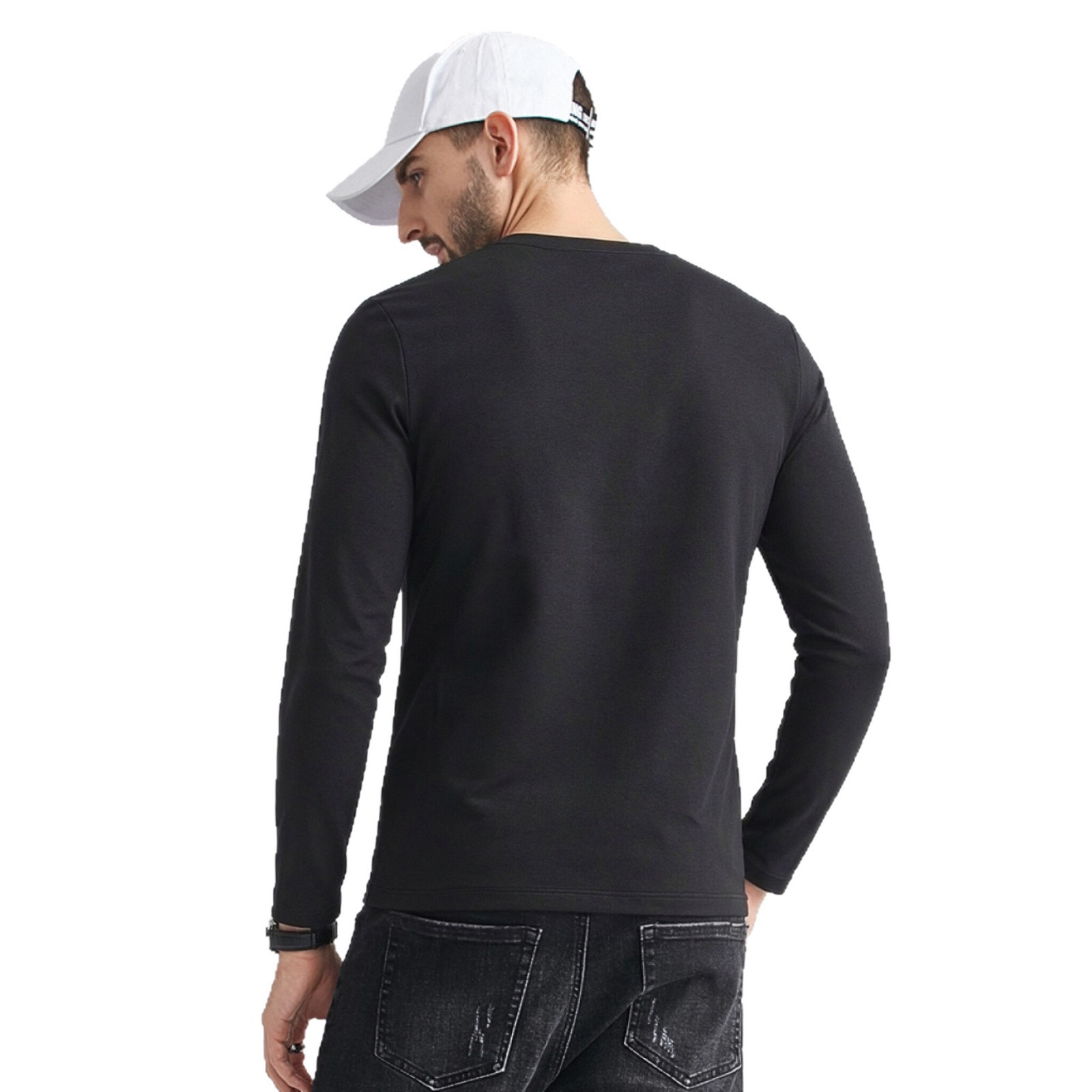 Men's Black Long Sleeve Crewneck T-Shirt, Slim Fit Solid Color Polyester Base Layer for Fall and Winter