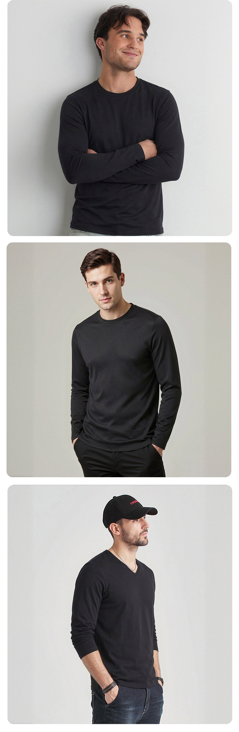 Men's Black Long Sleeve Crewneck T-Shirt, Slim Fit Solid Color Polyester Base Layer for Fall and Winter