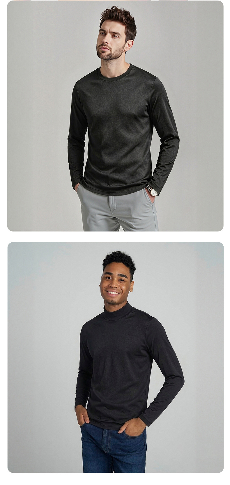 Men's Black Long Sleeve Crewneck T-Shirt, Slim Fit Solid Color Polyester Base Layer for Fall and Winter